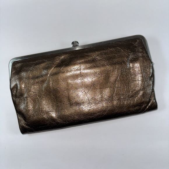 HOBO Leather Clutch Wallet Bronze Brown Double Kisslock Silver Blue Interior - Picture 1 of 11
